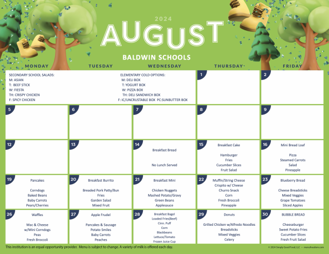 Food Service Menu for August 2024